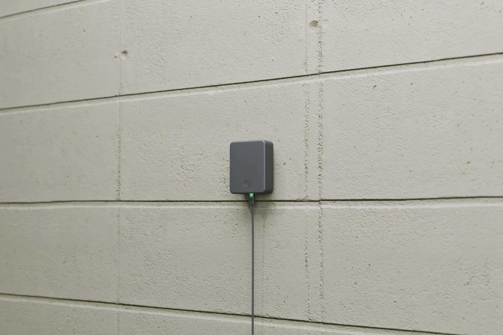 Canaro Hub mounted on a concrete wall with its status light on